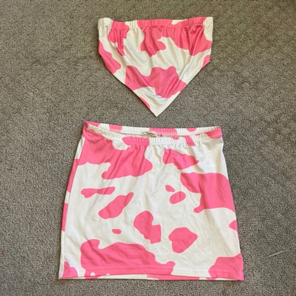 Pink Cow Print Crop Top and Skirt Set